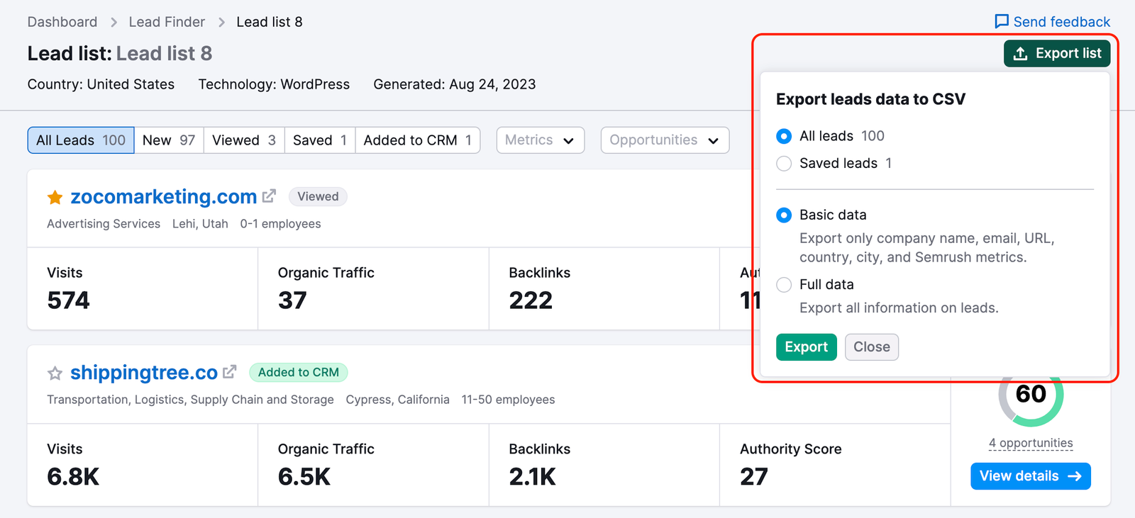 Export list button in the upper right corner opens a dropdown menu with all available export options circled with red. Only CSV exports are available, but there is a choice between Basic data and Full data. Basic data is selected in this example and consists of company name, email, URL, country, city, and Semrush metrics.