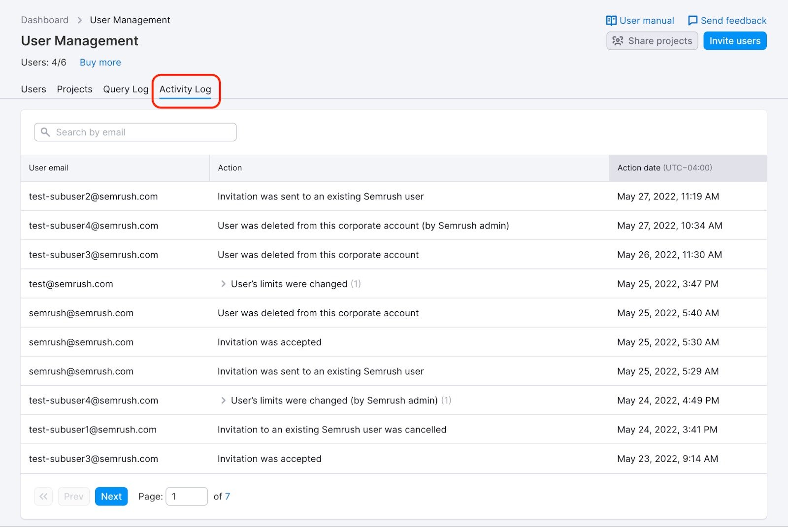 Example of the Activity Log.