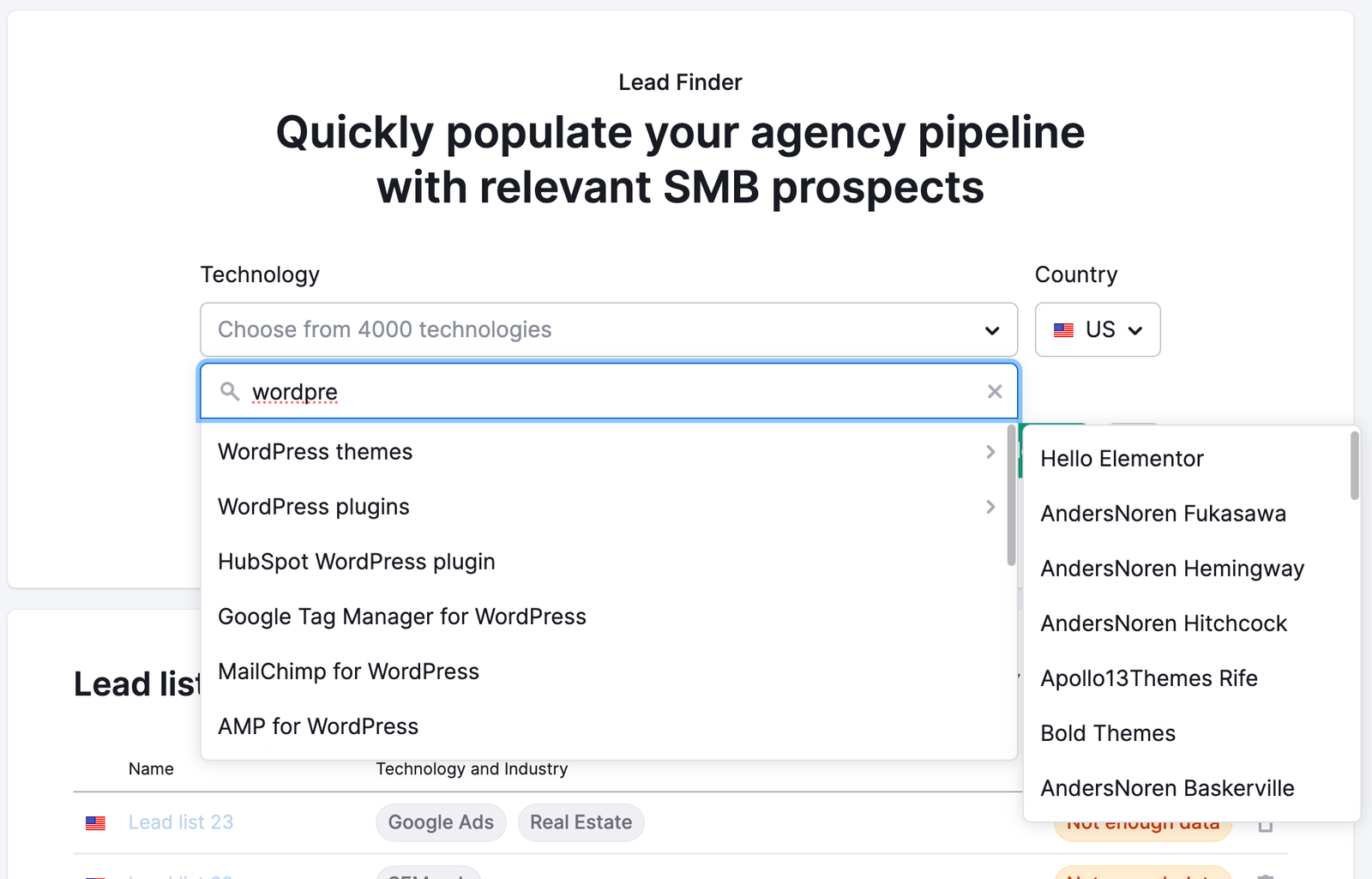 An example of how technology search function works. By entering "wordpress" and opening the additional menu via arrow icon on the right, a list of additional technologies such as Hello Elementor or AndersNoren Fukasawa can be accessed.