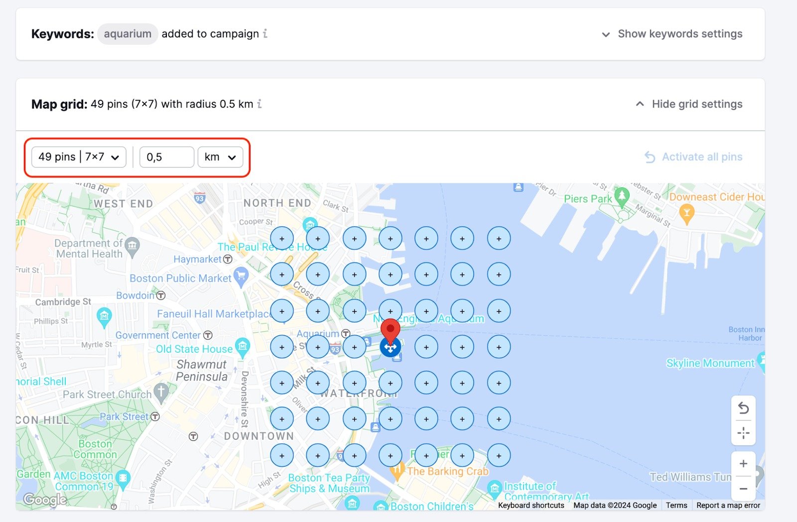 The map will show a grid of dots. Grab and drag this grid with your mouse to your desired search area. You can also easily designate specific measurements above the map in the 'Grid settings' section highlighted with a red rectangle above the grid.  