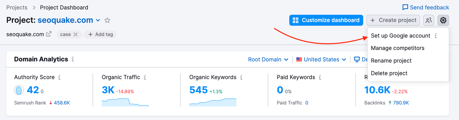 Project Dashboard with a red arrow pointing to the Google account setup button in the top right corner.