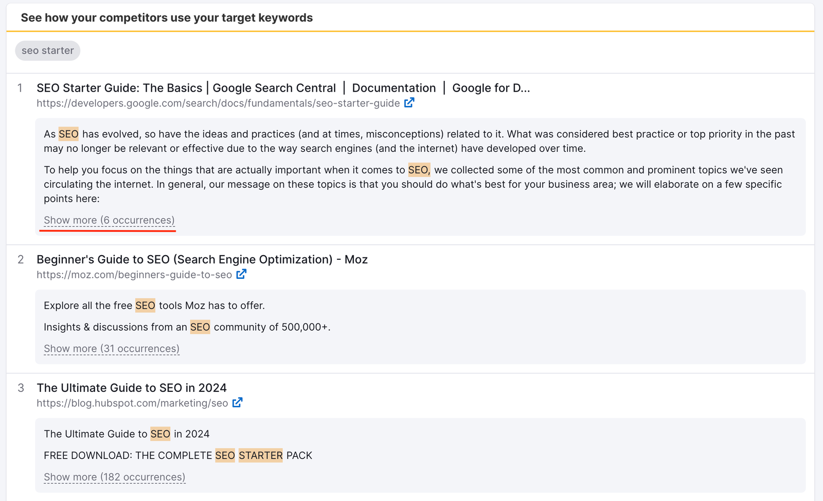 See how your competitors use your target keywords table.