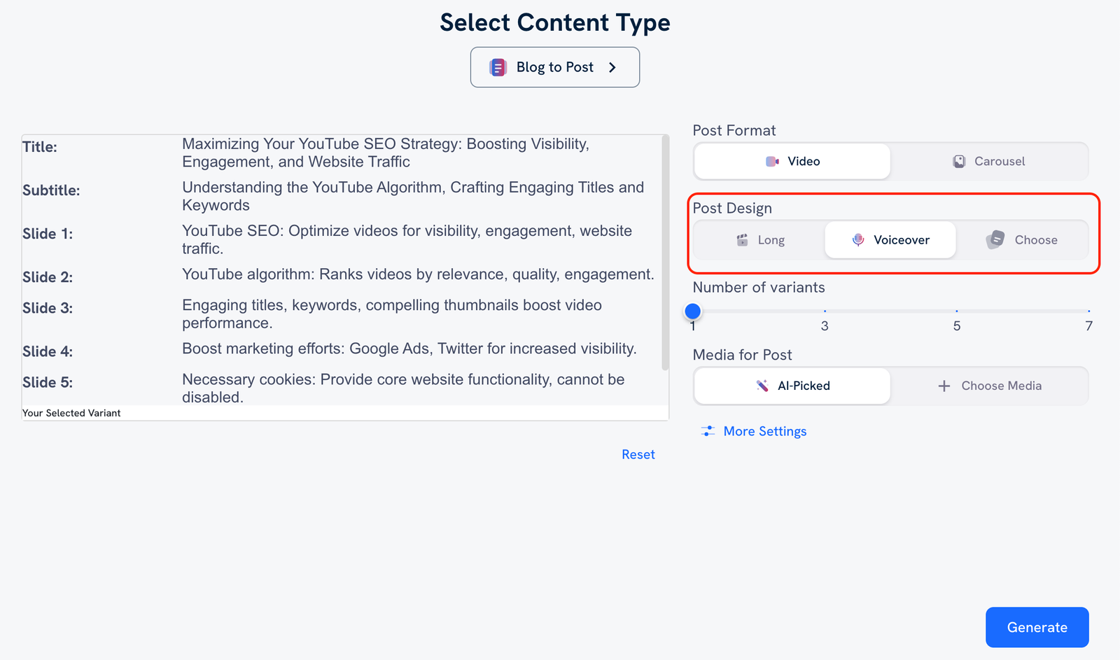An example of the Blog to Post interface with a red arrow pointing to the Post Design Section in the settings on the right. Voiceover is one of the options there.