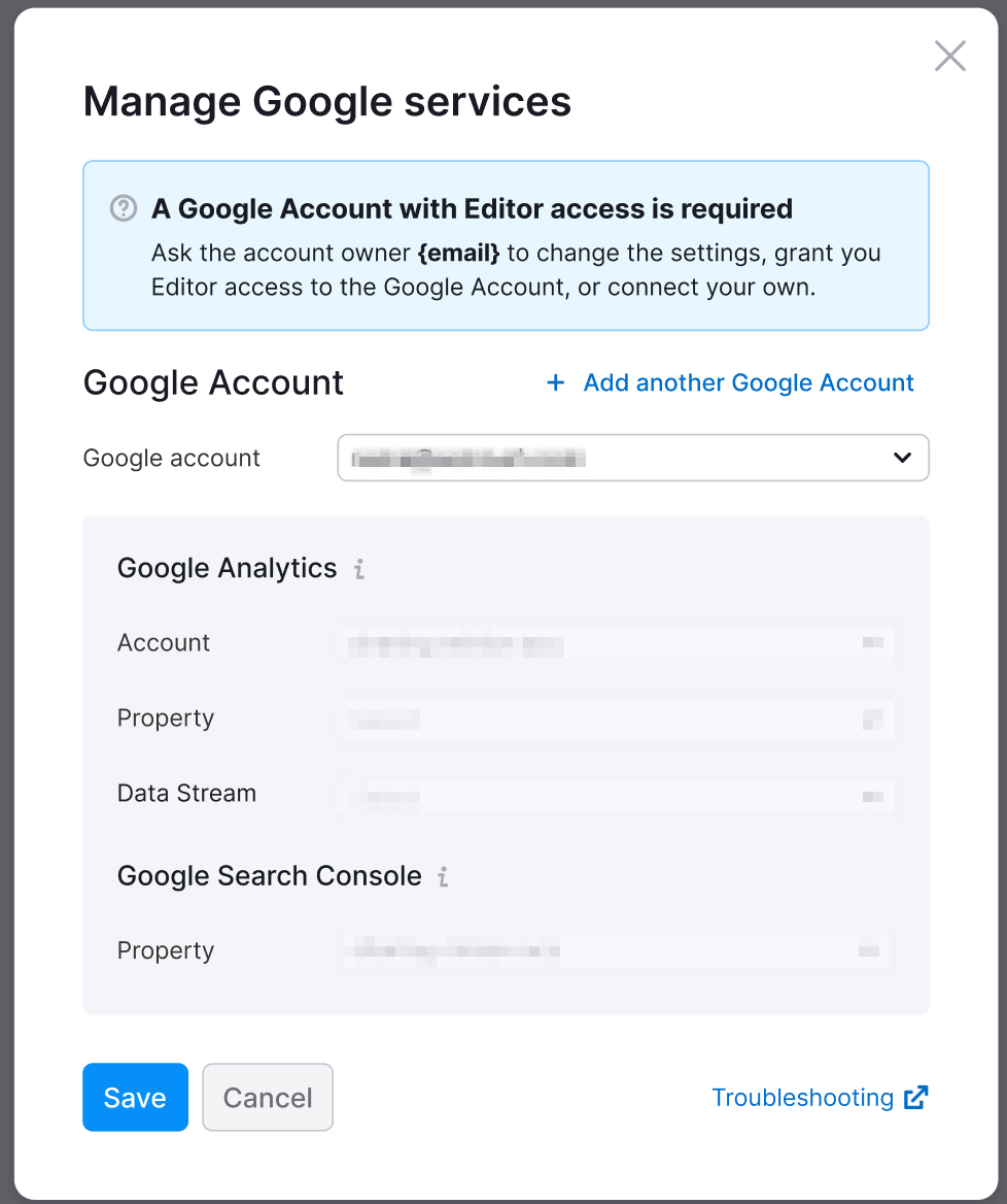 An example of the Set up Google Analytics account pop-up in the Project's dashboard. On top of the pop-up there's a notification 'A Google Account with editor access is required'.