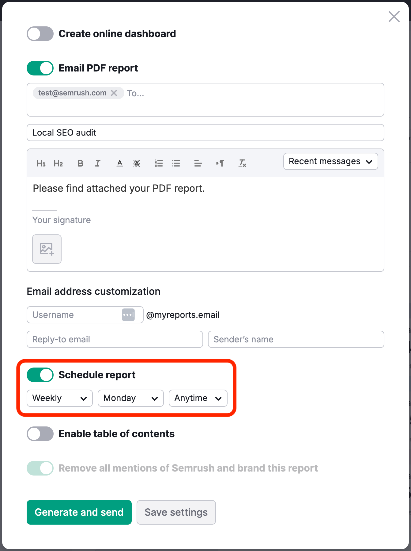 The generate PDF report settings with the schedule report section highlighted.