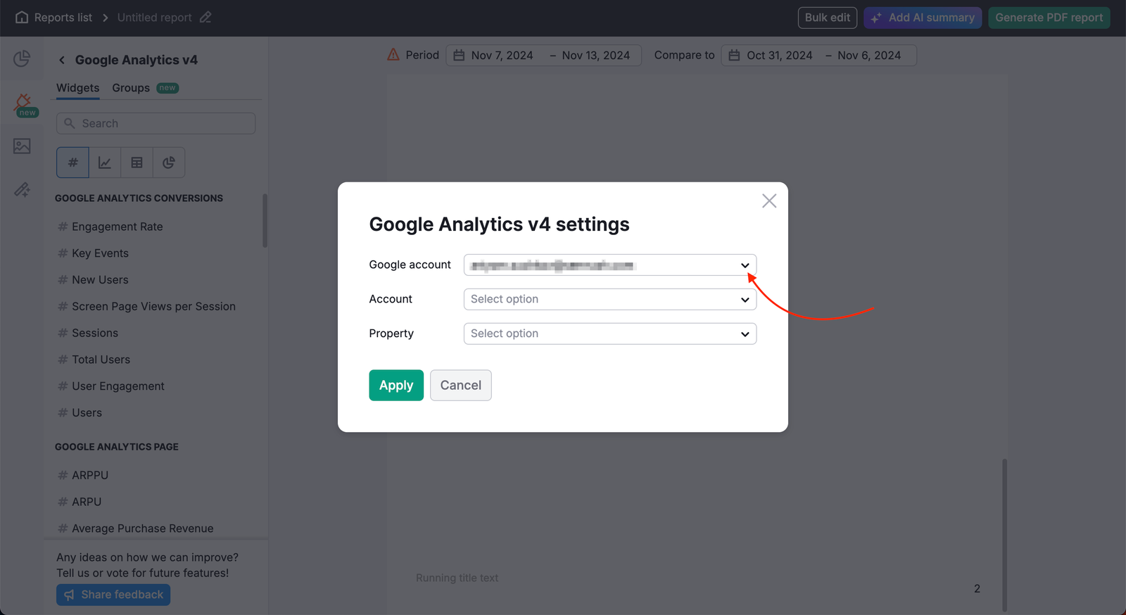 A red arrow highlighting the add account button in the Google Analytics widget in My Reports.