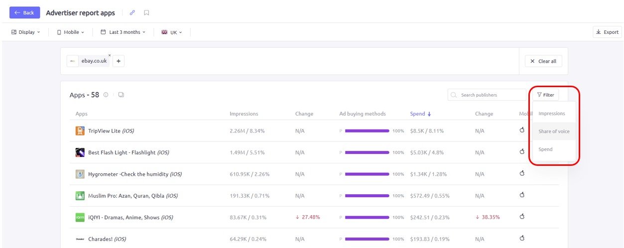 Filtering an apps report in AdClarity — Advertising Intelligence