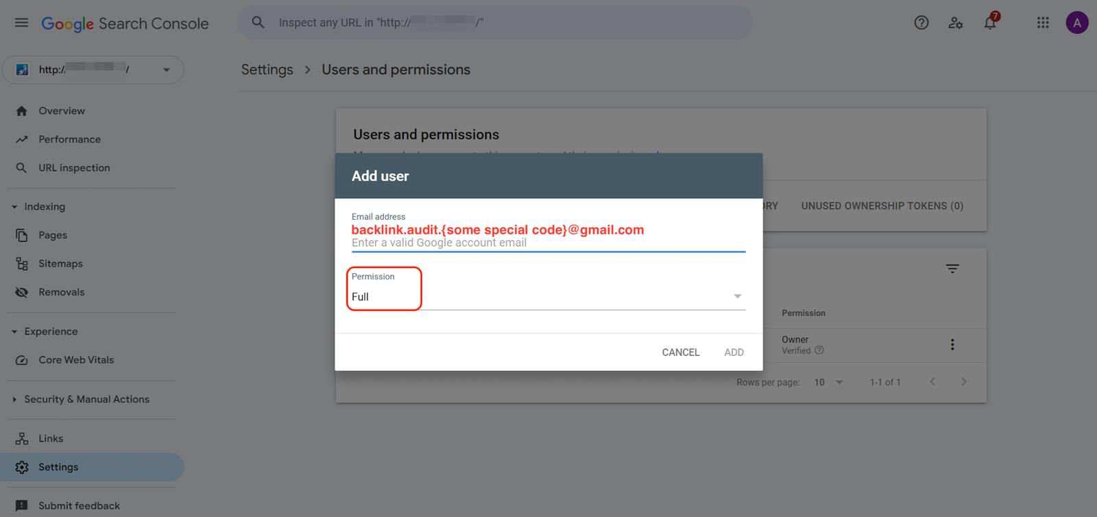 The pop-up to add a user. Enter their email and select a type of permission.