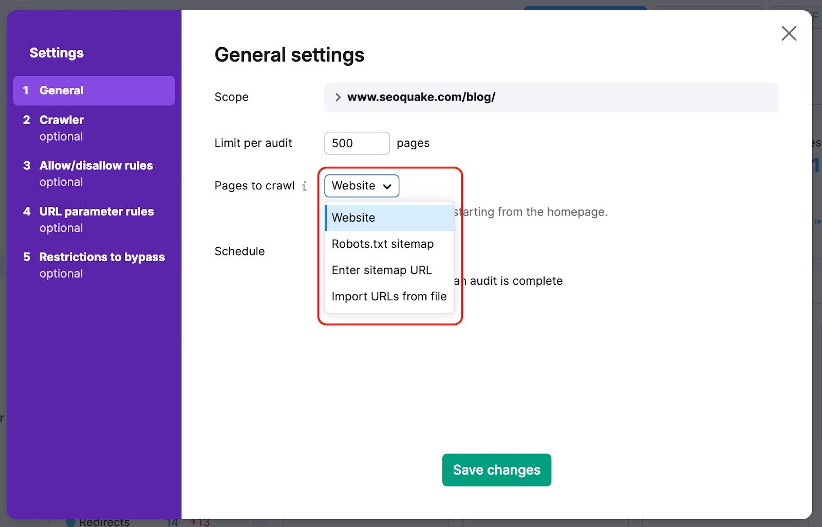 Demonstration on where to find the Crawl Source settings in Site Audit. The dropdown menu is highlighted and features all available Crawl source options.