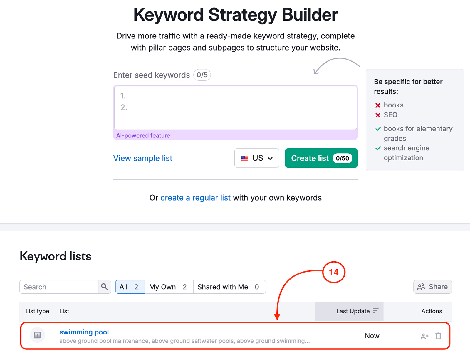Keyword Strategy Builder start page with a field to enter keywords for analysis and a highlighted keyword list.
