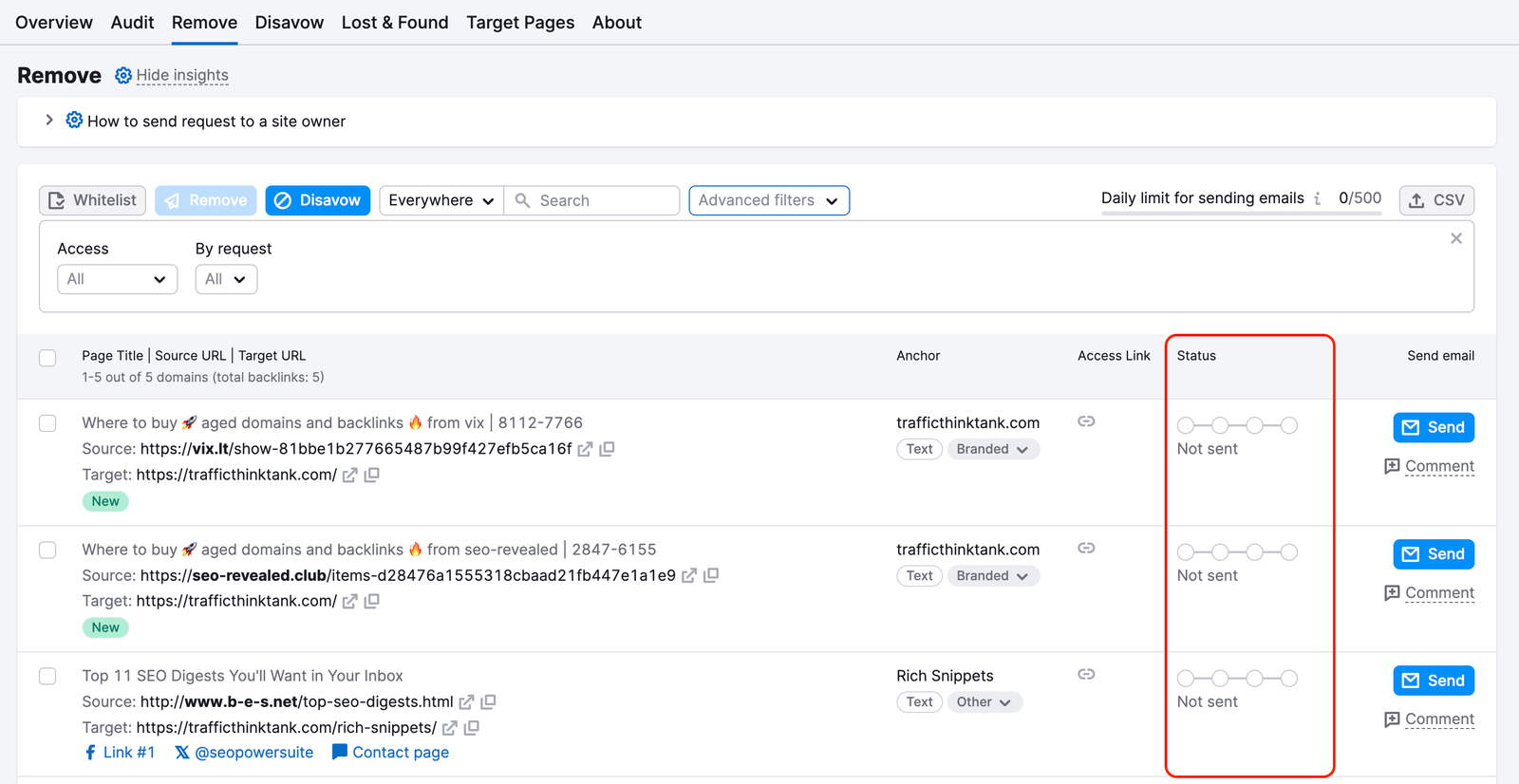 The Remove report in Backlink Audit: the Status column is highlighted. 