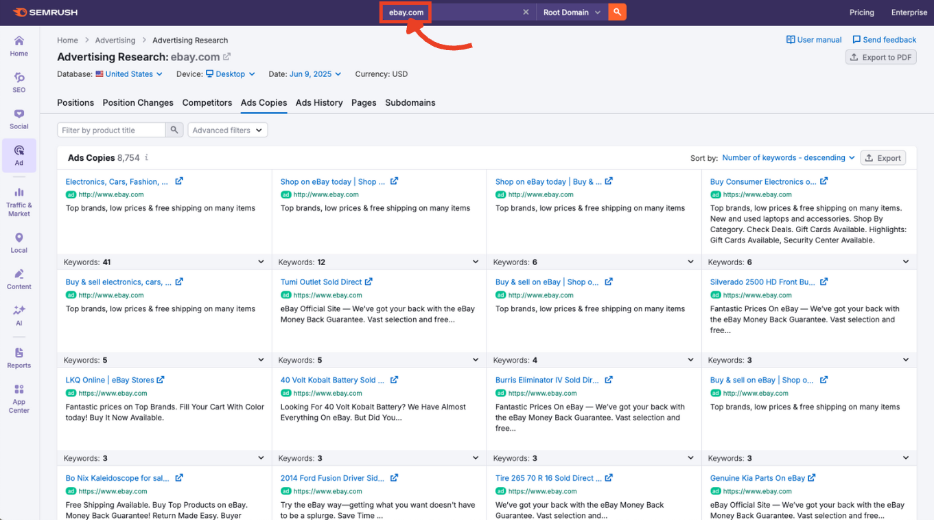 The main search bar in Advertising Research with a competitor domain entered.