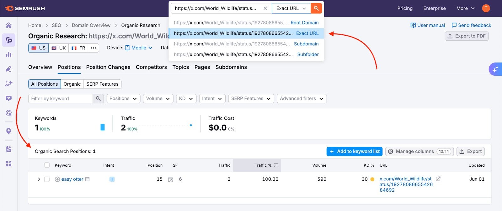 The Organic Research search bar with an X post entered for analysis.