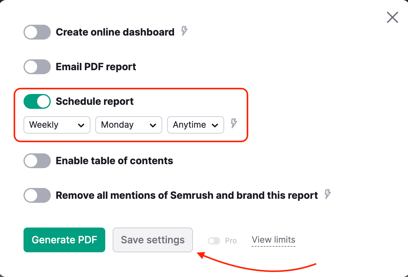 Scheduling report and saving settings.