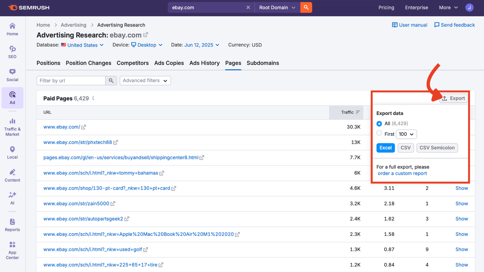 Export menu in the Pages report interface.