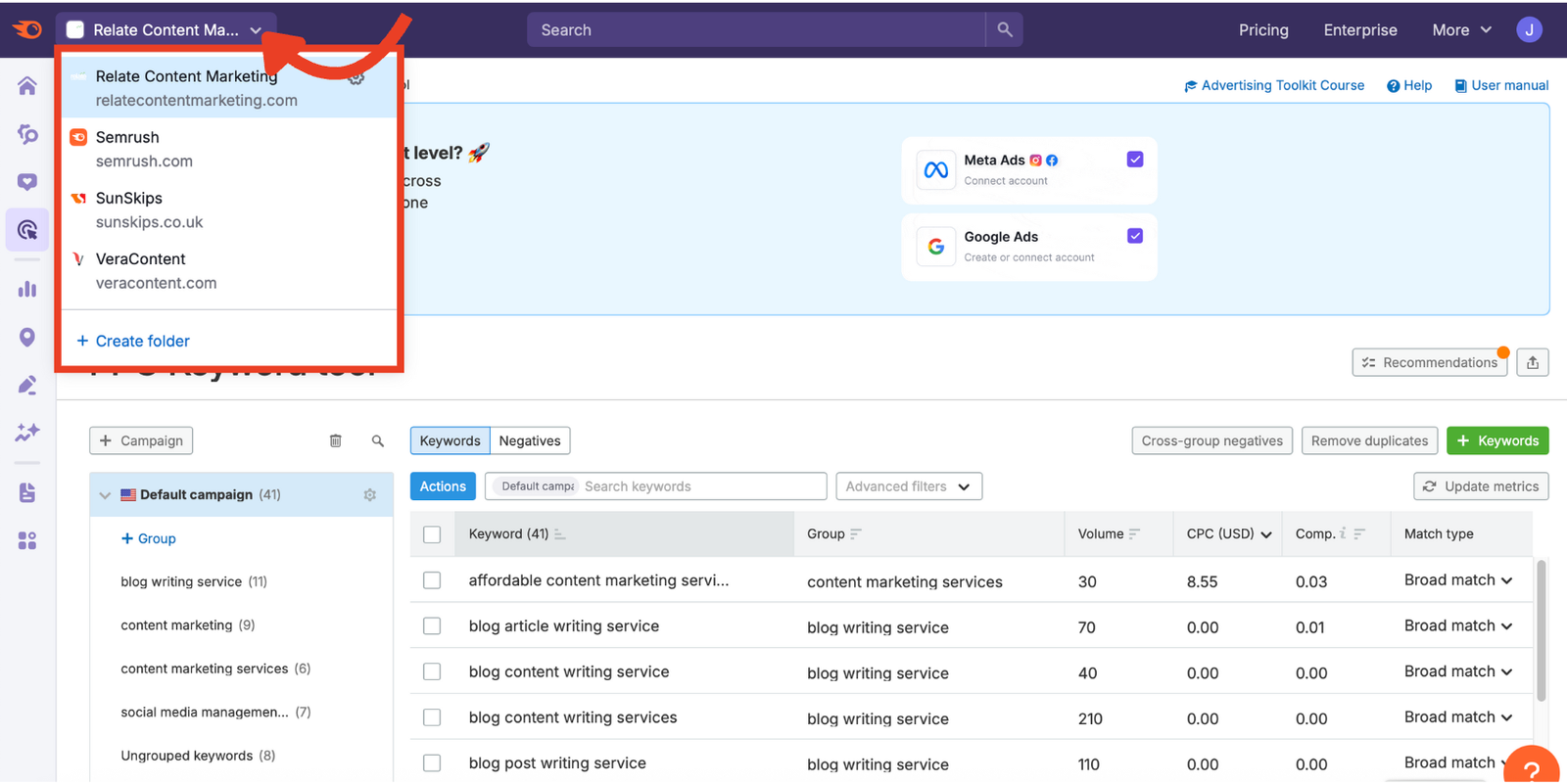 The folder drop-down menu in the PPC Keyword Tool.