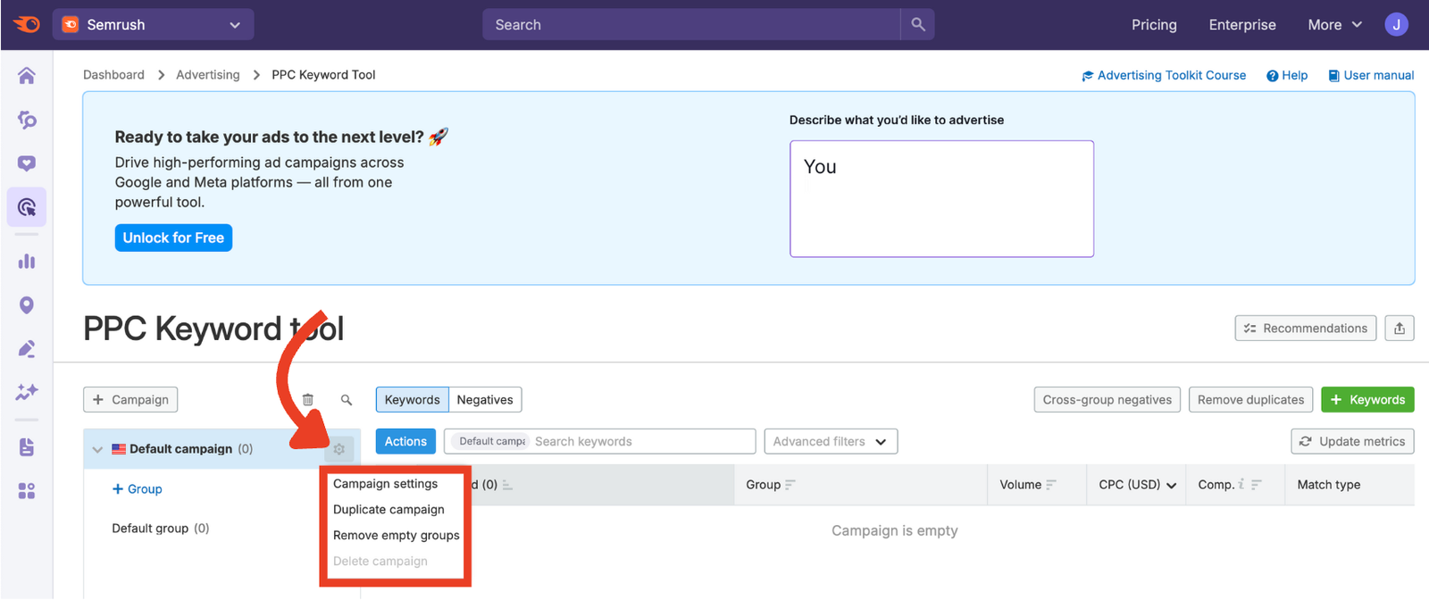 The campaign-level settings in the PPC Keyword Tool.