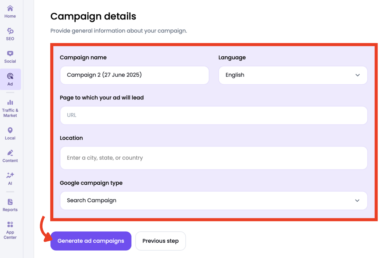 Google campaign details setup screen in Ads Launch Assistant.