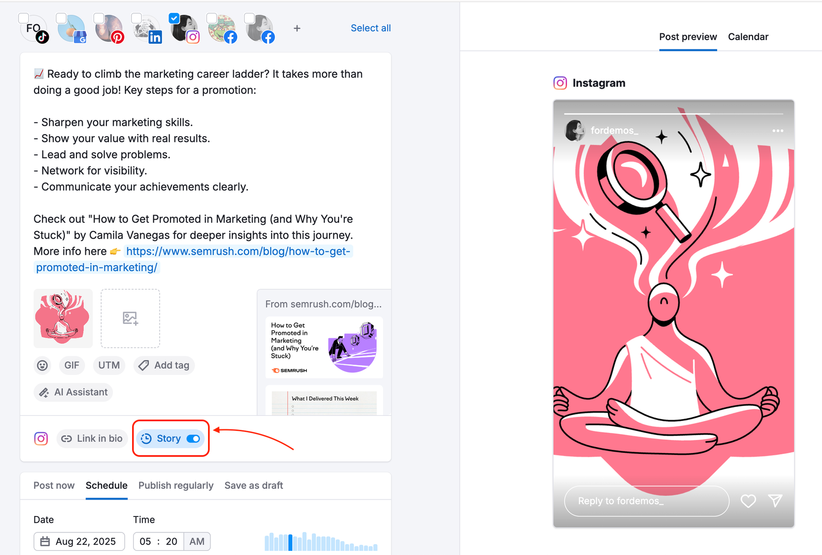 A Story switcher is highlighted at the bottom of the Post editor.