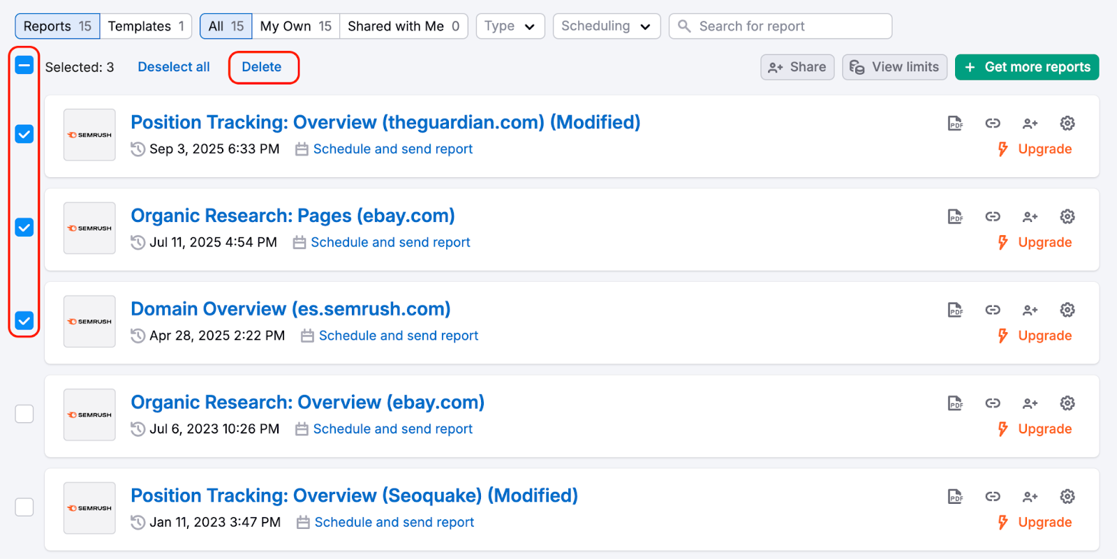 My Reports list with selected checkboxes on the left and the Delete button visible at the top.