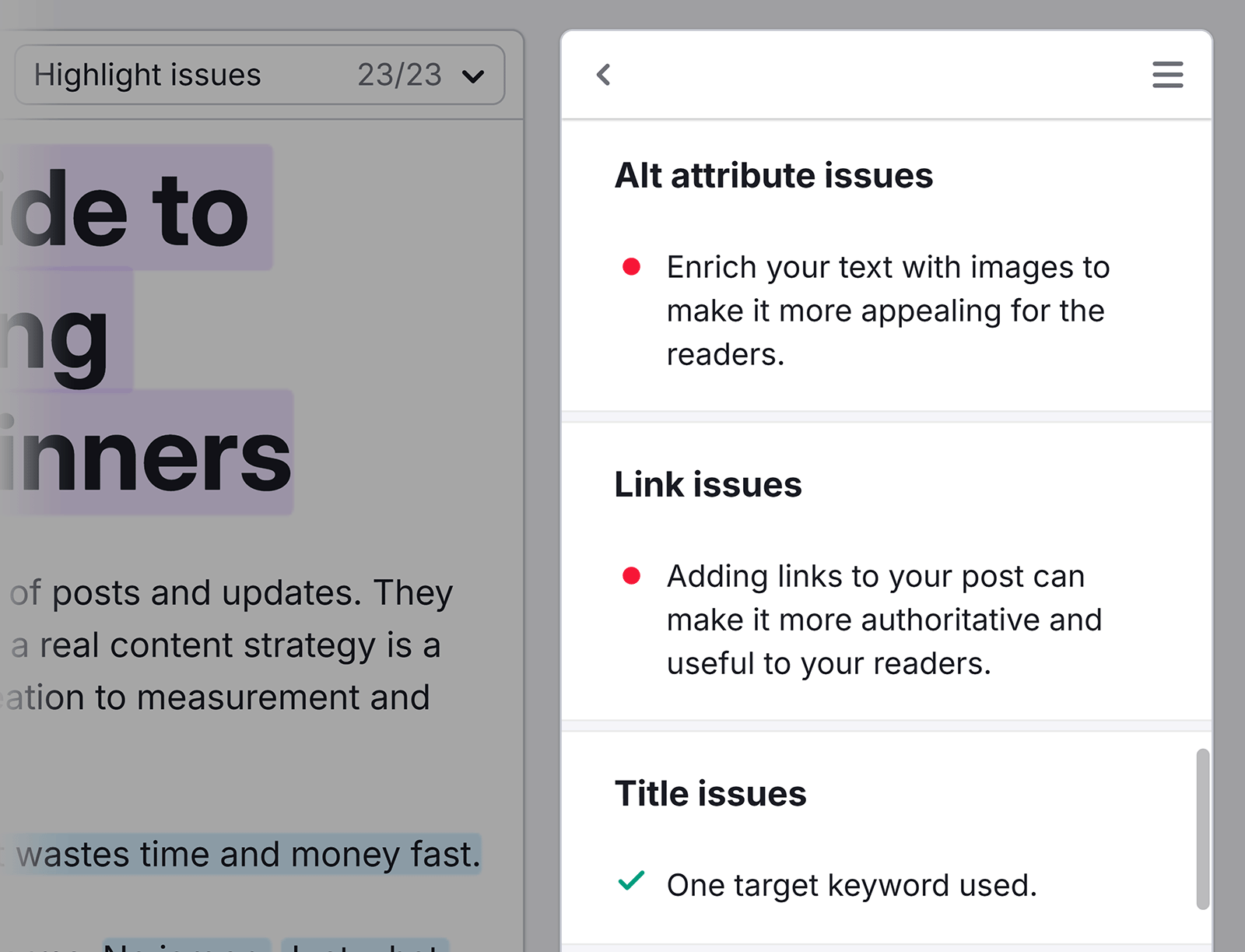 “Alt attribute issues”, “Link Issues”, and “Title issues” sections in the SWA sidebar