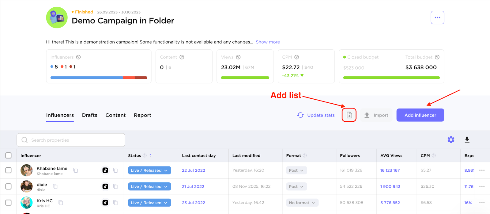 How to add influencer/list.