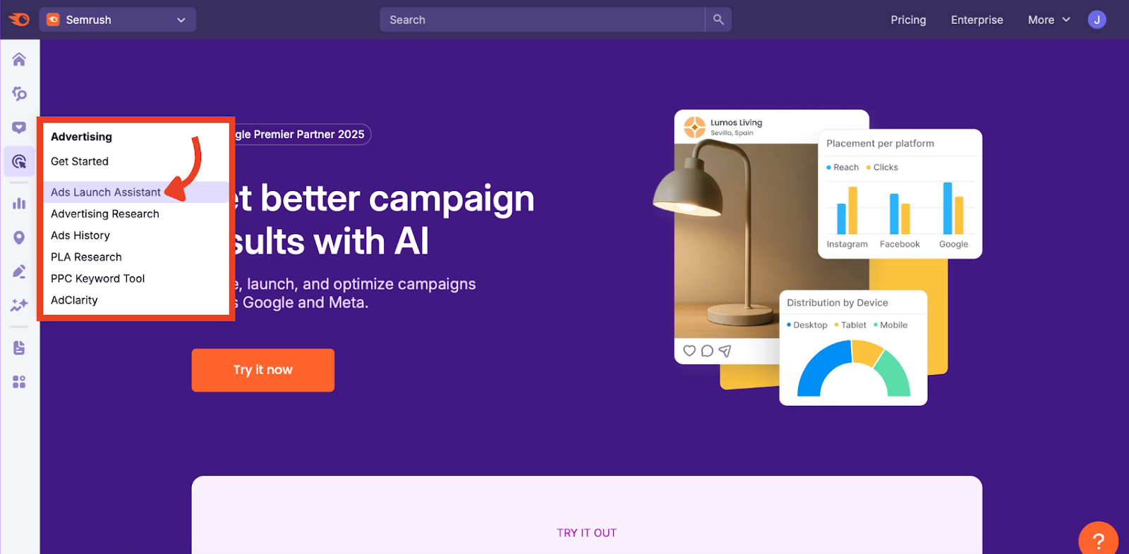 The Ads Launch Assistant option in the Semrush side menu.