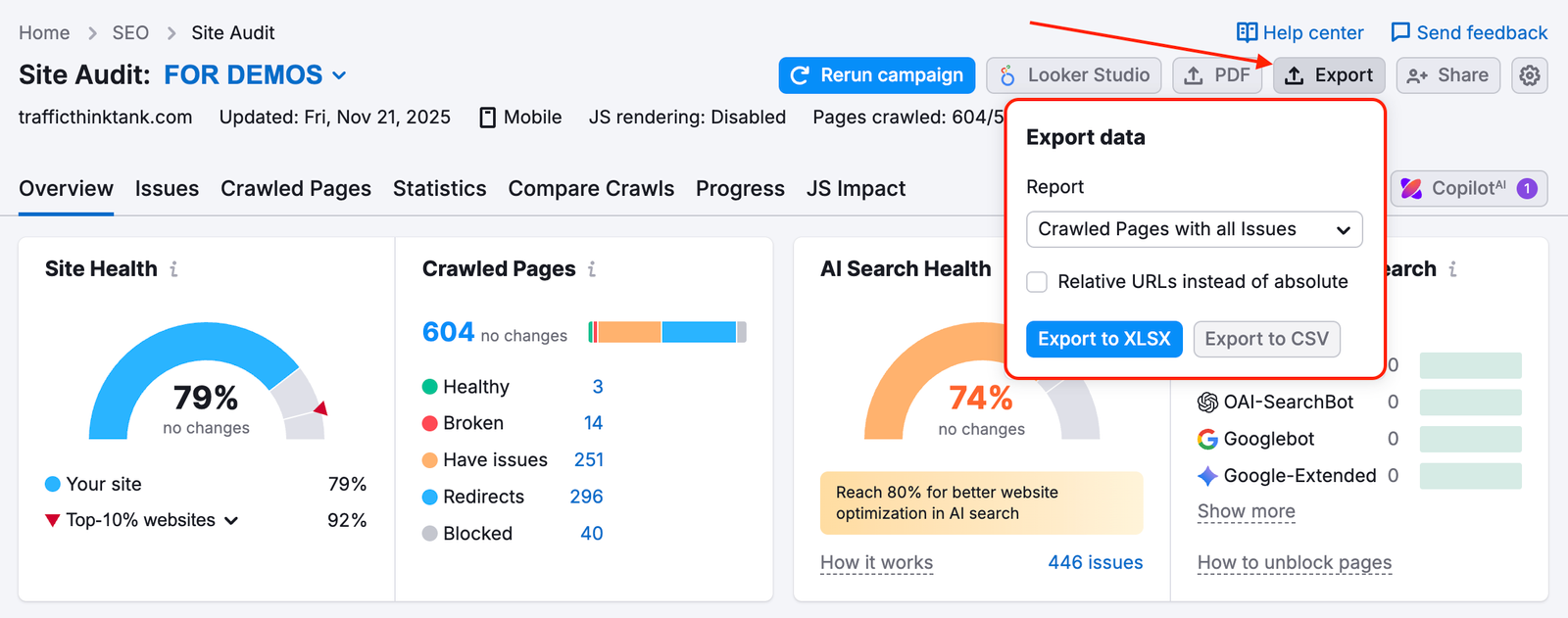 Exporting reports from Site Audit.