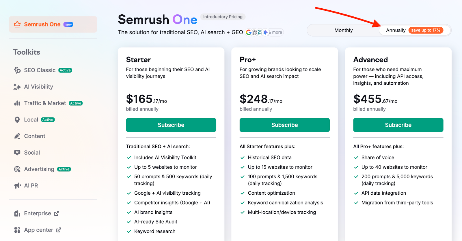 Pricing page shows how by activating Annually switcher you can check the difference between annual and monthly prices.