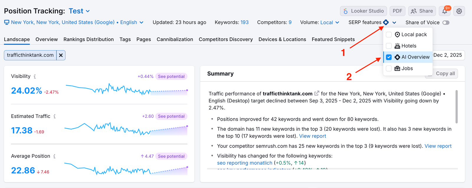 The SERP Features filter at the top of the report and the AI Overview in the drop-down are highlighted.